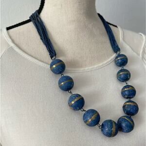 Vintage Handmade Blue Beads W Gold Accents Multi Chain Matinee Necklace